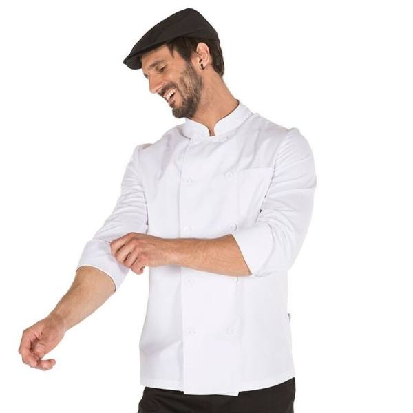 Chaqueta de cocinero blanca con manga larga.